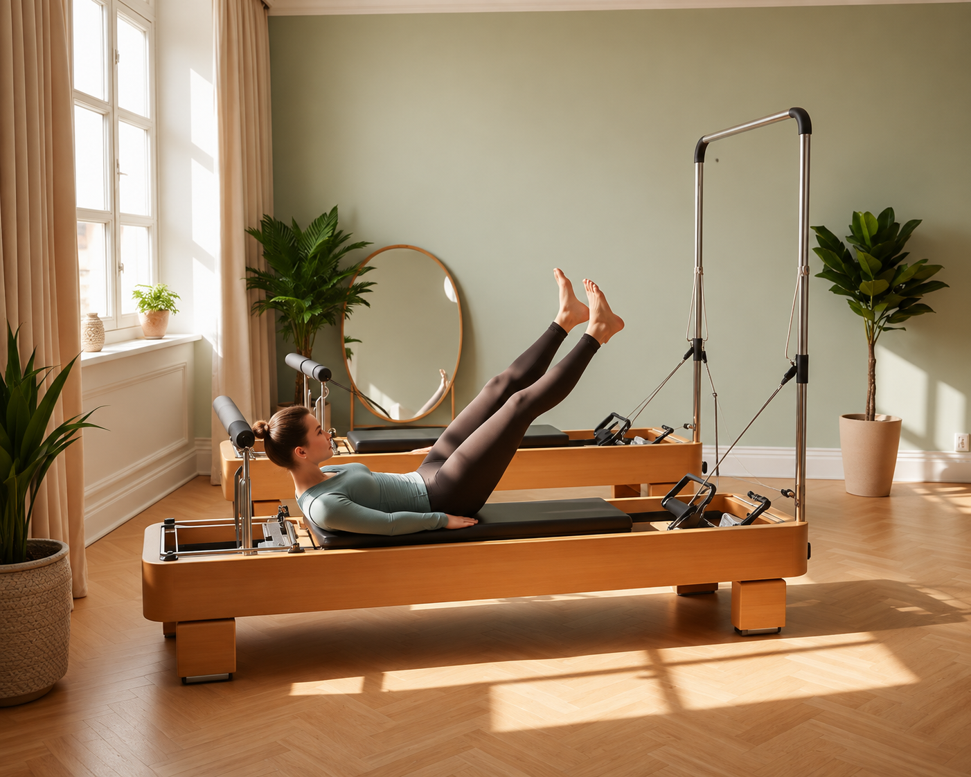 Woman stretching on a reformer in a bright Pilates studio