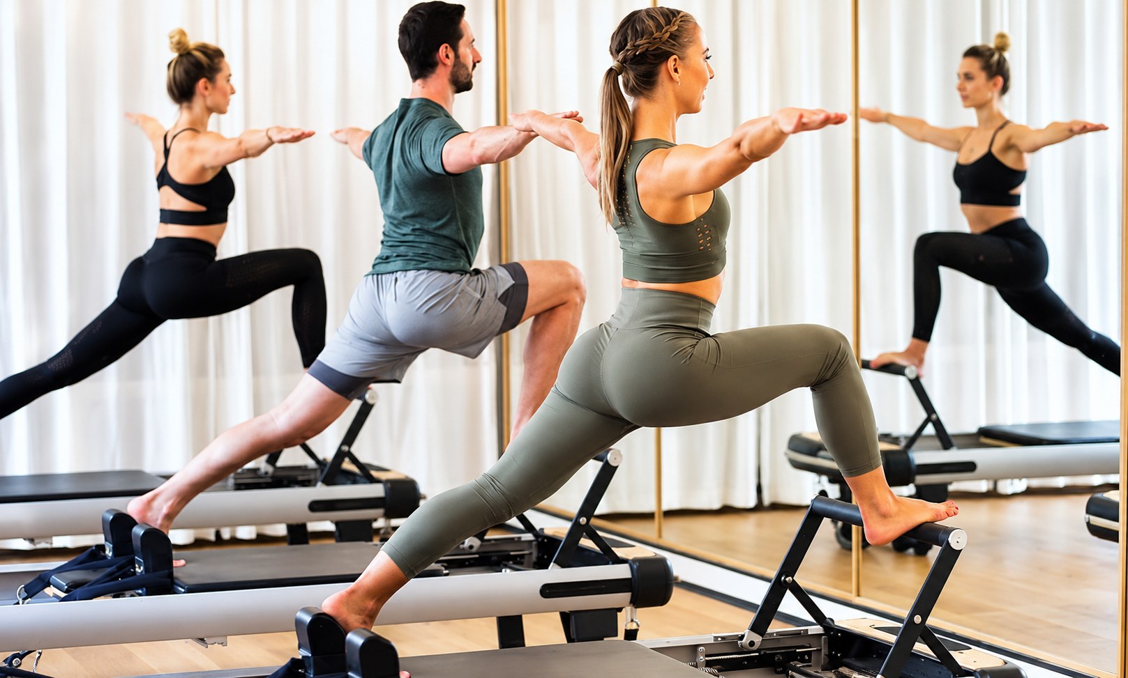 Three people in a warrior lunge on reformer machines in a bright Pilates studio